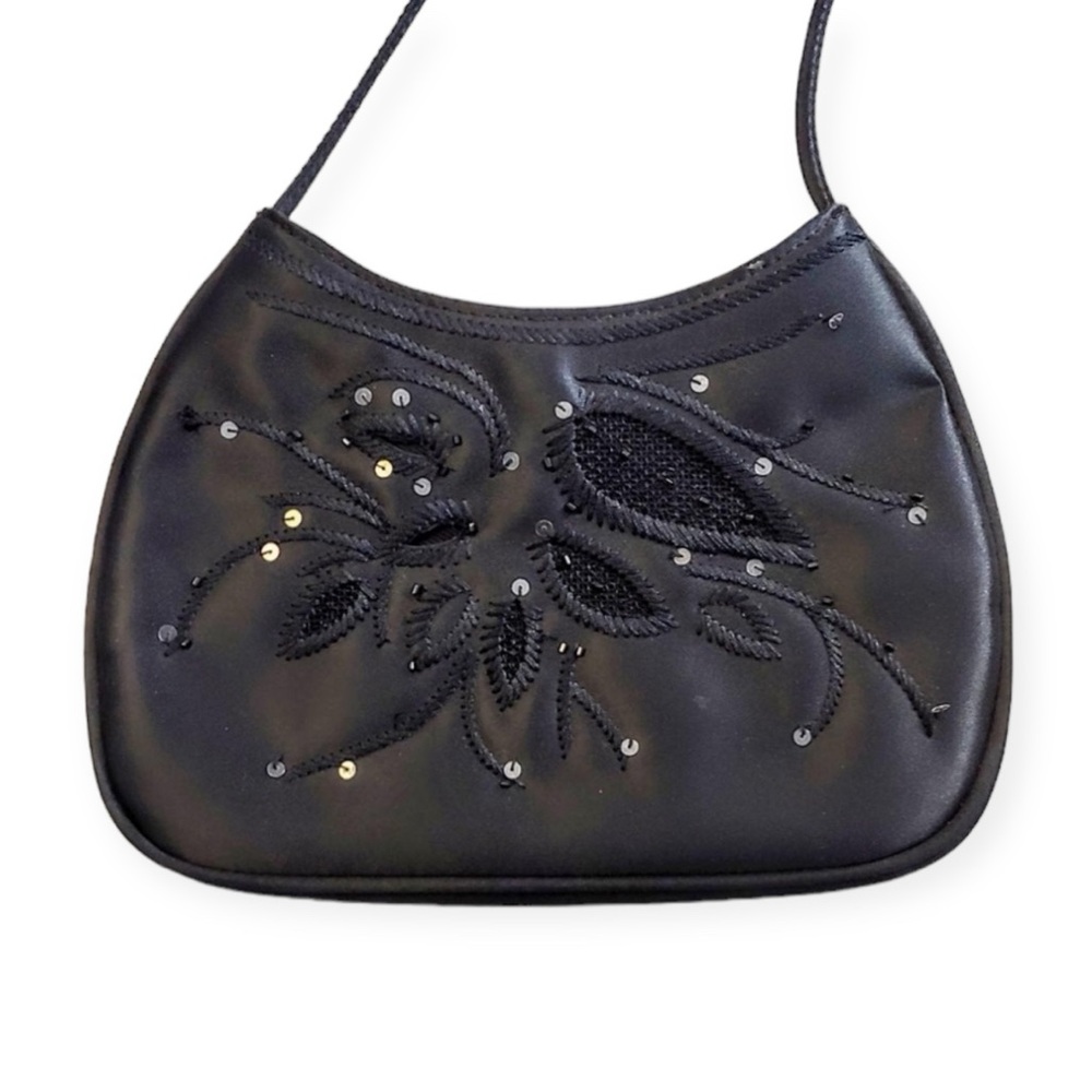 Vintage 90s / Y2K Nine West Black Mini Satin Handbag Purse - embroidered